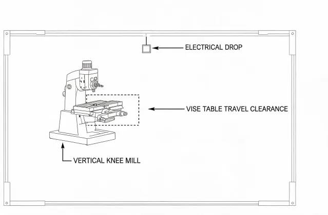Planning illustration of a milling bay layout for RFQ, not a real office map